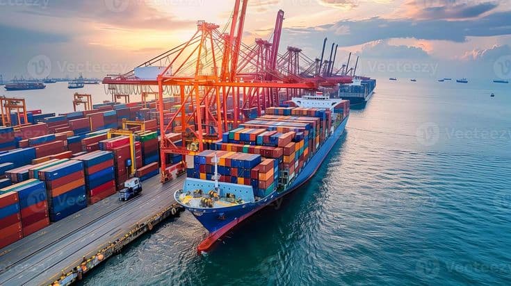 Container ship at port with cranes at sunset